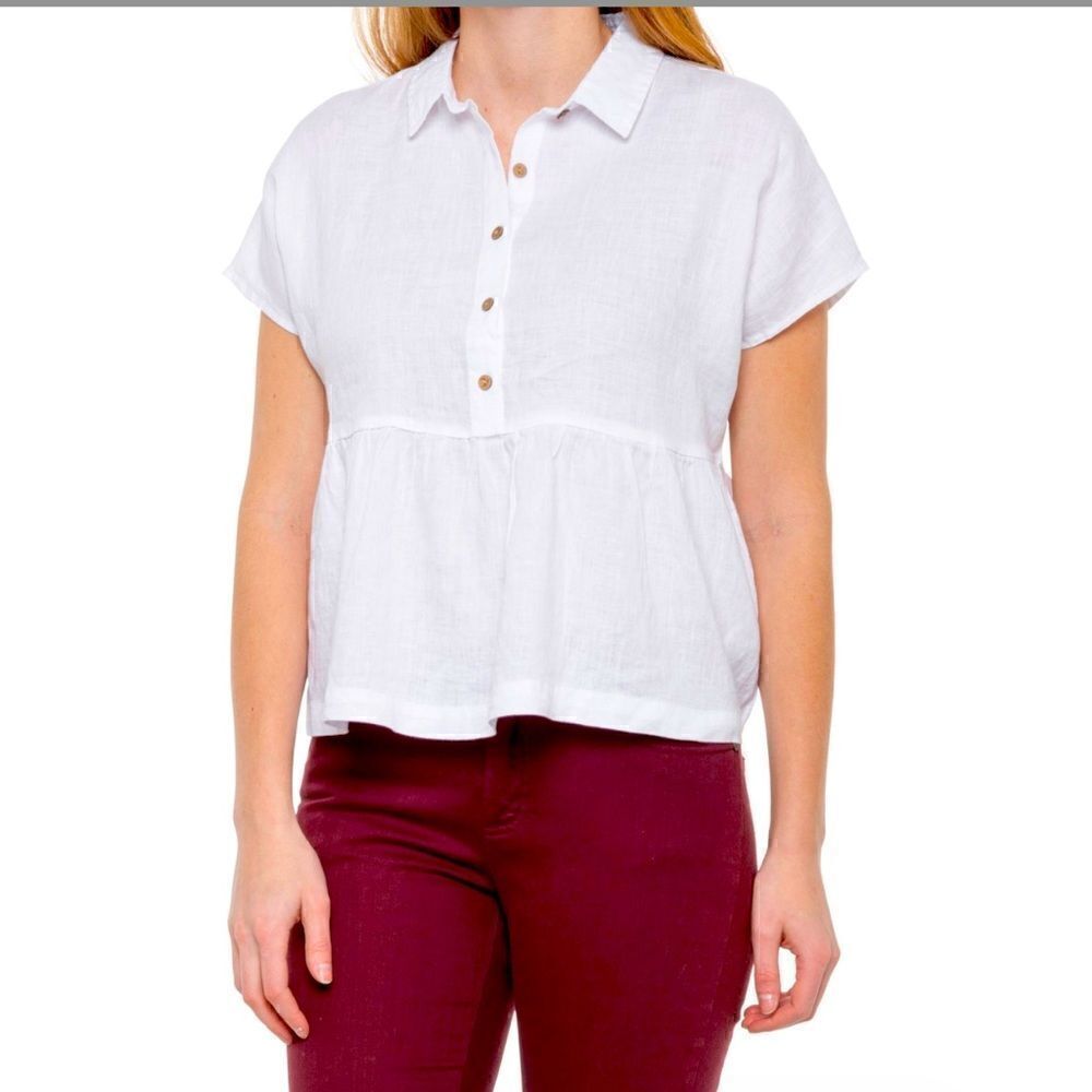 C&C California- Light Blue Peplum Shirt Blouse Linen Short Sleeve, Size L